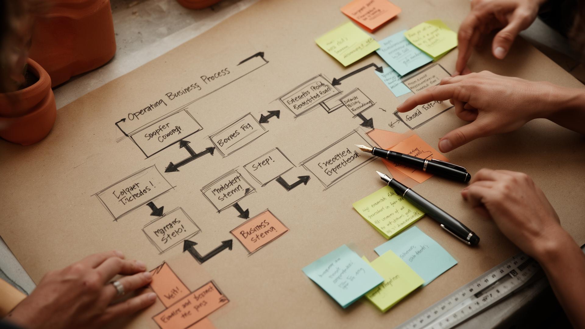 Hands documenting a business process on cream paper with a fountain pen, surrounded by drafting tools and flowcharts.